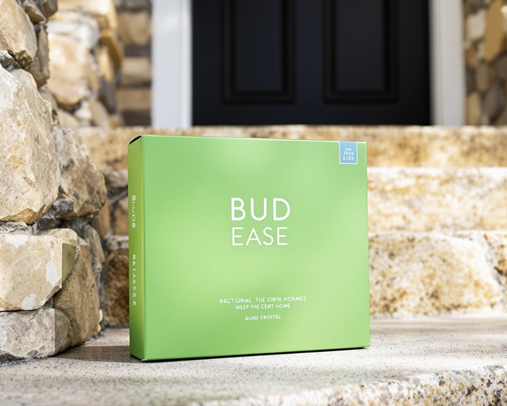 A green box labeled "BUD EASE" sits on stone steps in front of a black door. The box has smaller text and a small blue square in the top right corner.